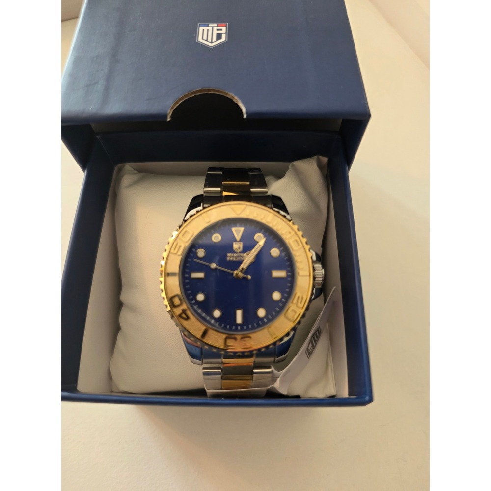 Montres Prestige Men's Two-Tone Blue Dial Diver Style Watch New in Box